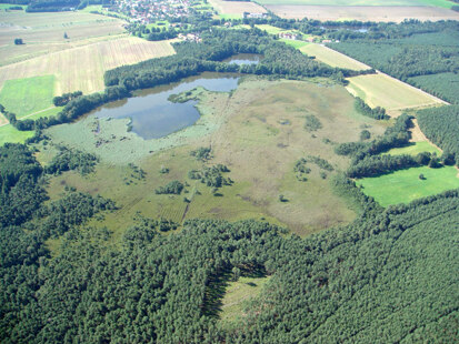 Blick von Nordosten auf Teich und Moor, im Hintergrund der Ort Grüngräbchen (Foto: F. Meyer, Archiv Naturschutz LfULG)
