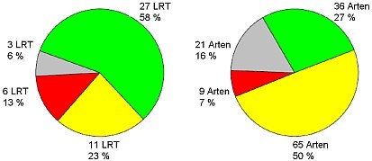 Prozentuale Verteilung der sächsischen FFH-Lebensraumtypen (LRT) und -Arten auf die EU-Bewertungsstufen (grün: günstig, gelb: unzureichend, rot: schlecht, grau: unbekannt)