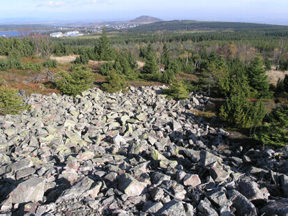 Blockschutthalde am Nordosthang des Kahleberges - im Hintergrund Altenberg und der Geisingberg (Foto: H. Blischke, Archiv Naturschutz LfULG)